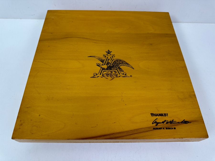 Anheuser-Busch Advertising Footed Wooden Cutting Board “Thanks! August A. Busch” 12W X 12D X 2.25H [Photo 2]