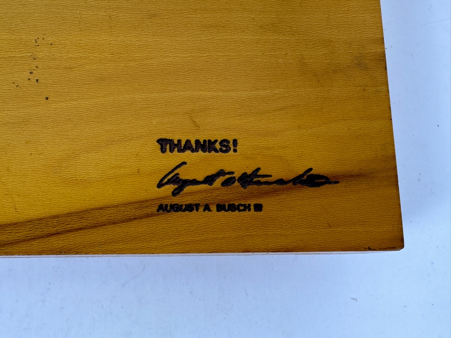 Anheuser-Busch Advertising Footed Wooden Cutting Board “Thanks! August A. Busch” 12W X 12D X 2.25H [Photo 4]