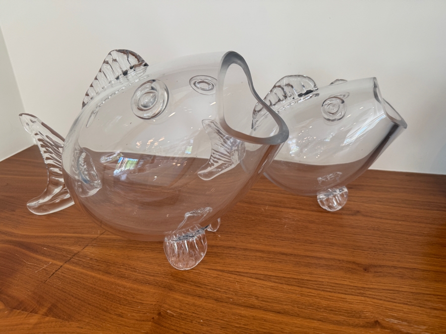 Just Added - Pair of Clear Glass Open Mouth Fish Vases 14'W x 9'H and 10'W x 7' H  [Photo 2]