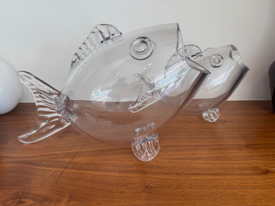 Just Added - Pair of Clear Glass Open Mouth Fish Vases 14'W x 9'H and 10'W x 7' H 