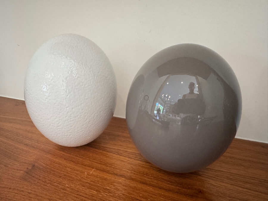Just Added - Pair of Gray and White Lacquered Ostrich Eggs 5'W x 6.5'H [Photo 2]