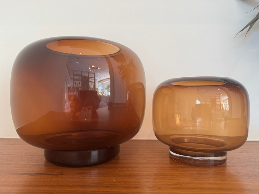 Pair of Crate & Barrel CB2 Coco Smoked Glass Hurricane Candle Holders 9' x 9' and 6' x 6'