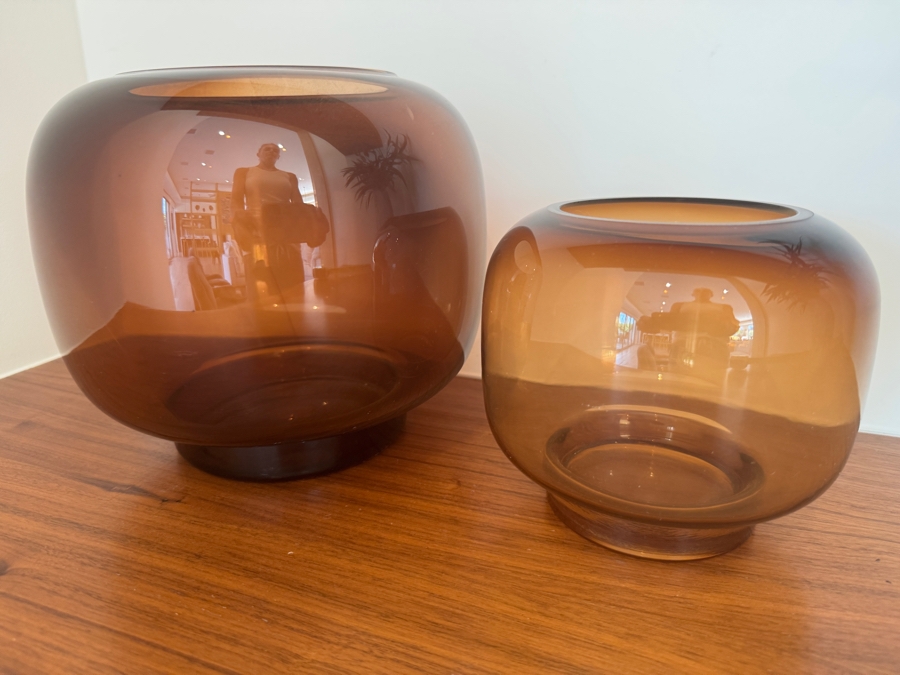 Pair of Crate & Barrel CB2 Coco Smoked Glass Hurricane Candle Holders 9' x 9' and 6' x 6' [Photo 3]