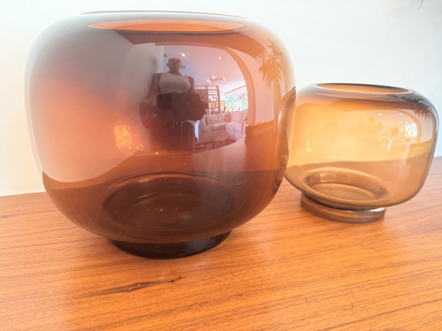 Pair of Crate & Barrel CB2 Coco Smoked Glass Hurricane Candle Holders 9' x 9' and 6' x 6' [Photo 2]