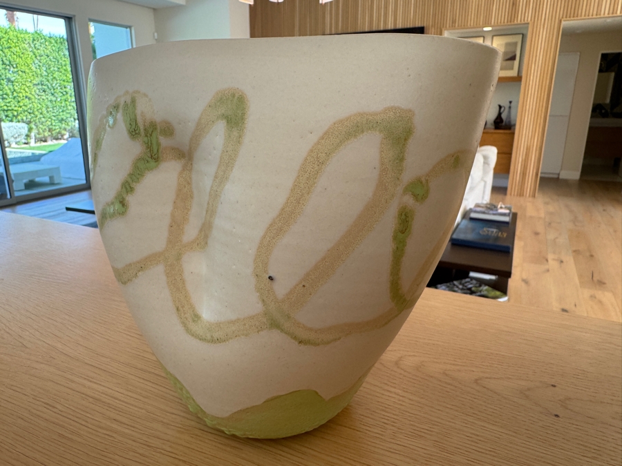 Just Added - White, Tan and Green Ceramic Vase 8.5'W x 8.5'H [Photo 3]