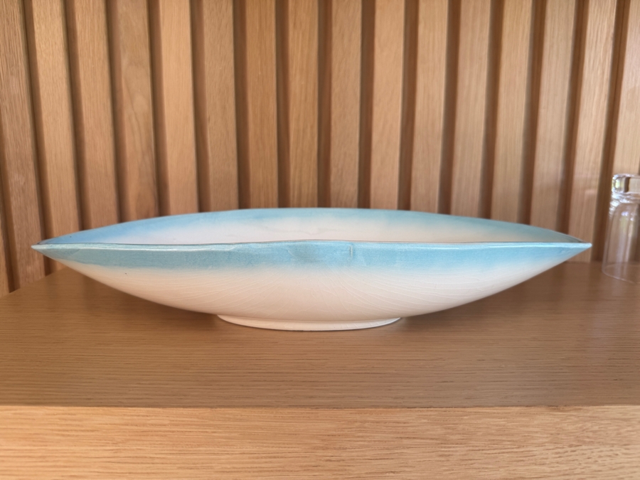 Just Added - Vintage MCM California Pottery White and Blue Oblong Bowl Serving Dish 15'W x 2.5'H