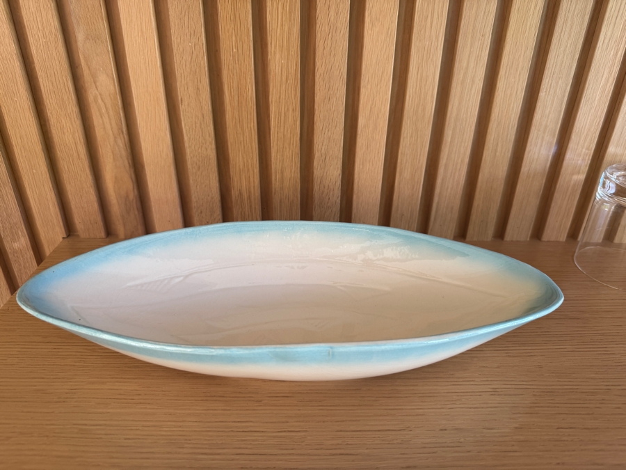 Just Added - Vintage MCM California Pottery White and Blue Oblong Bowl Serving Dish 15'W x 2.5'H [Photo 2]