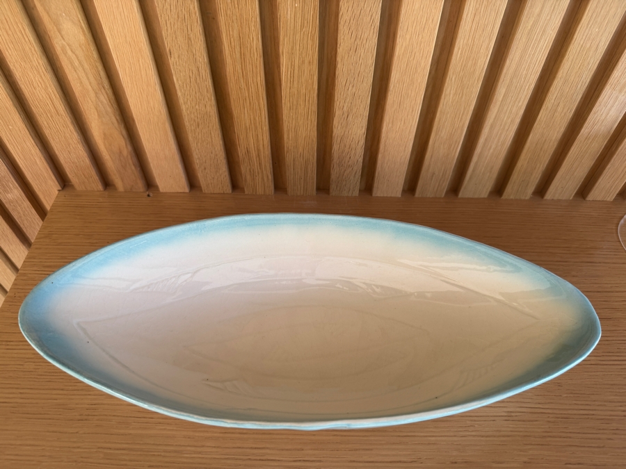 Just Added - Vintage MCM California Pottery White and Blue Oblong Bowl Serving Dish 15'W x 2.5'H [Photo 3]