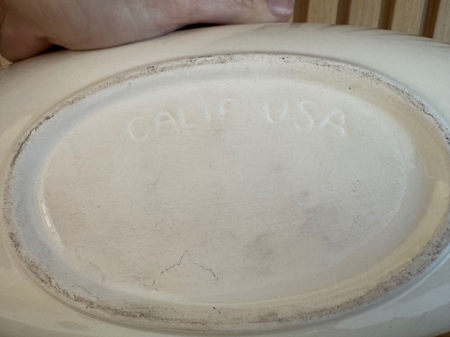 Just Added - Vintage MCM California Pottery White and Blue Oblong Bowl Serving Dish 15'W x 2.5'H [Photo 4]