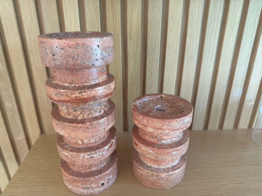 Just Added - Crate and Barrel CB2 Dev Red Travertine Candle Holders - Large and Small 4'W x 10'H and 4'W x 5.5'H [Photo 2]