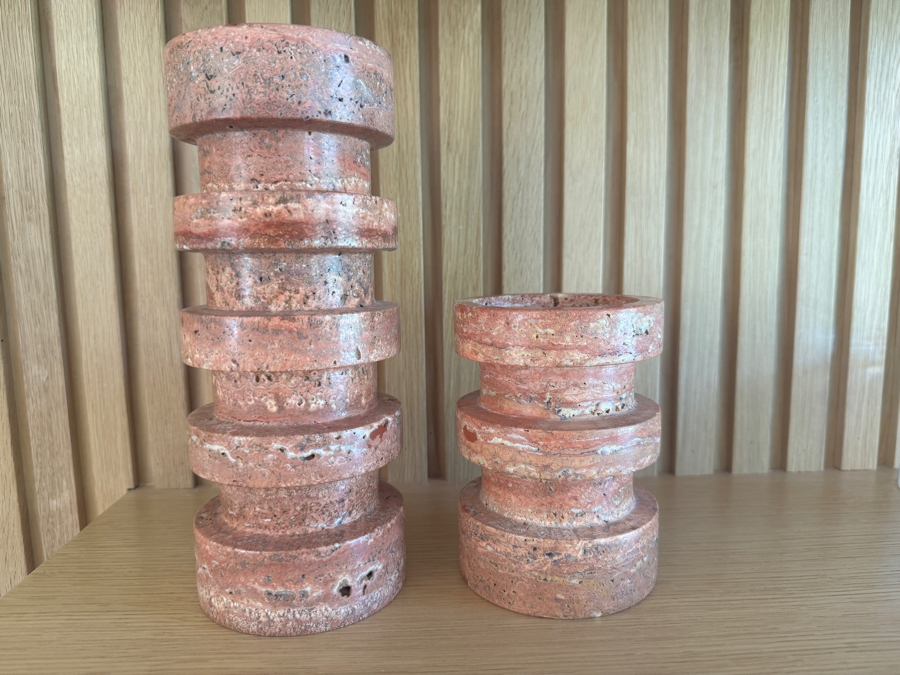 Just Added - Crate and Barrel CB2 Dev Red Travertine Candle Holders - Large and Small 4'W x 10'H and 4'W x 5.5'H