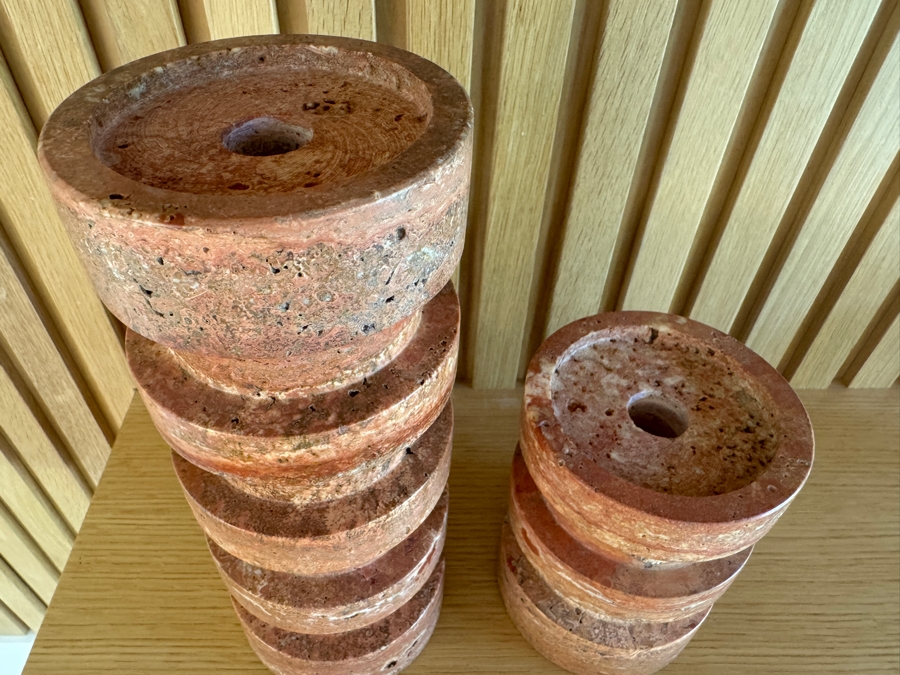 Just Added - Crate and Barrel CB2 Dev Red Travertine Candle Holders - Large and Small 4'W x 10'H and 4'W x 5.5'H [Photo 3]