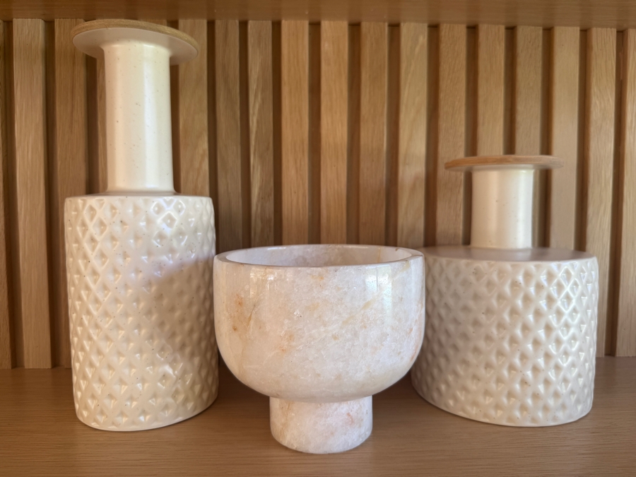 Just Added - Crate and Barrel CB2 Botella Textured White Vases (5'W x 12'H and 6'W x 8.5'H) with CB2 Marble Onyx Tea Light Candle 6'W x 5.5'H 