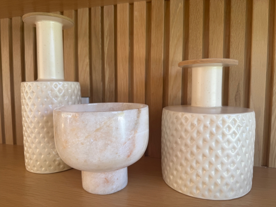 Just Added - Crate and Barrel CB2 Botella Textured White Vases (5'W x 12'H and 6'W x 8.5'H) with CB2 Marble Onyx Tea Light Candle 6'W x 5.5'H  [Photo 4]