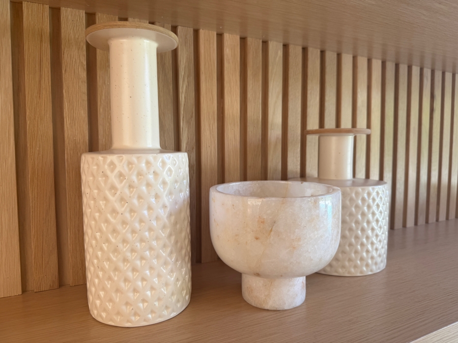 Just Added - Crate and Barrel CB2 Botella Textured White Vases (5'W x 12'H and 6'W x 8.5'H) with CB2 Marble Onyx Tea Light Candle 6'W x 5.5'H  [Photo 5]