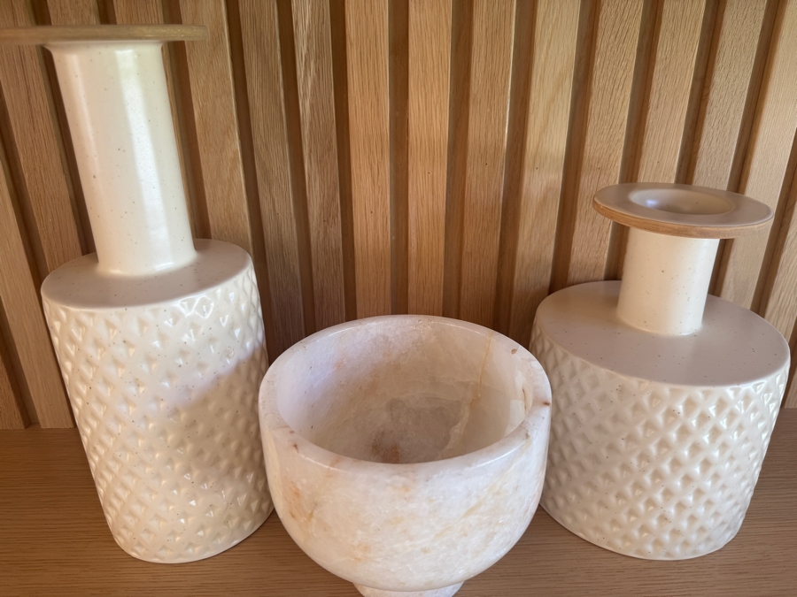 Just Added - Crate and Barrel CB2 Botella Textured White Vases (5'W x 12'H and 6'W x 8.5'H) with CB2 Marble Onyx Tea Light Candle 6'W x 5.5'H  [Photo 2]