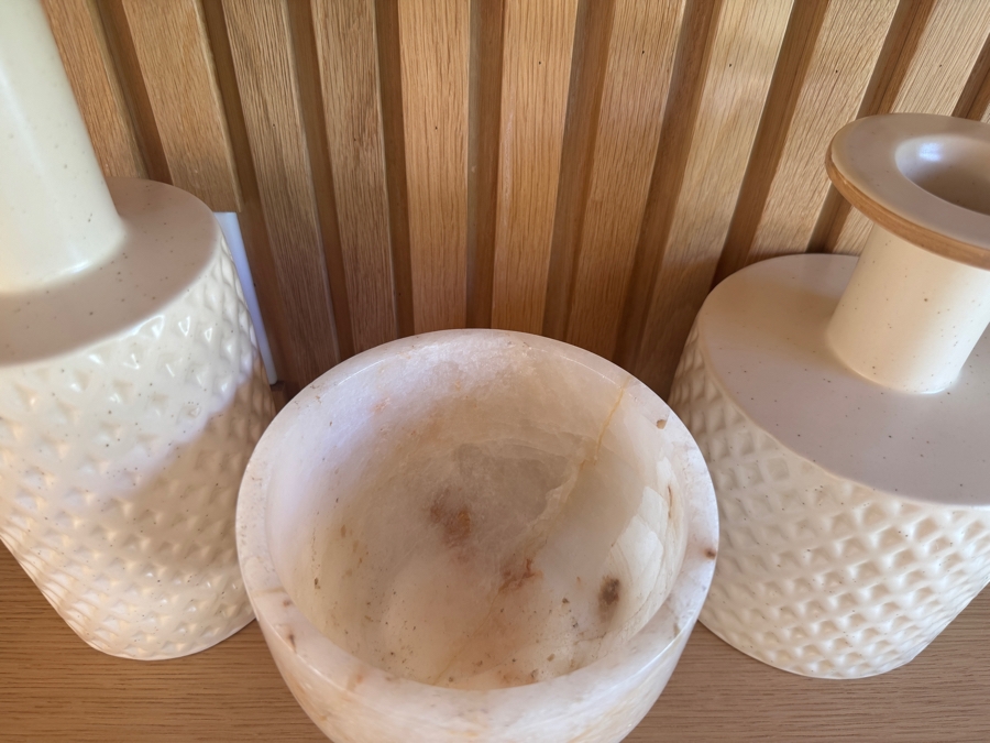 Just Added - Crate and Barrel CB2 Botella Textured White Vases (5'W x 12'H and 6'W x 8.5'H) with CB2 Marble Onyx Tea Light Candle 6'W x 5.5'H  [Photo 3]