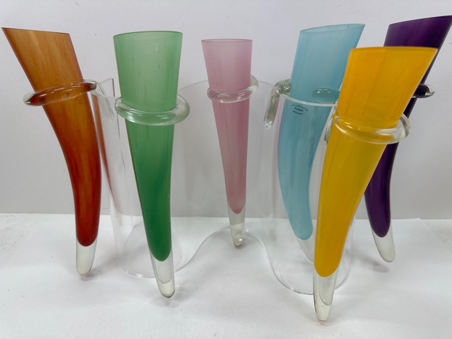 Hand Made Multicolor Elena Art Glass Horn Vases With Acrylic Holder 20W X 13.25H [Photo 4]