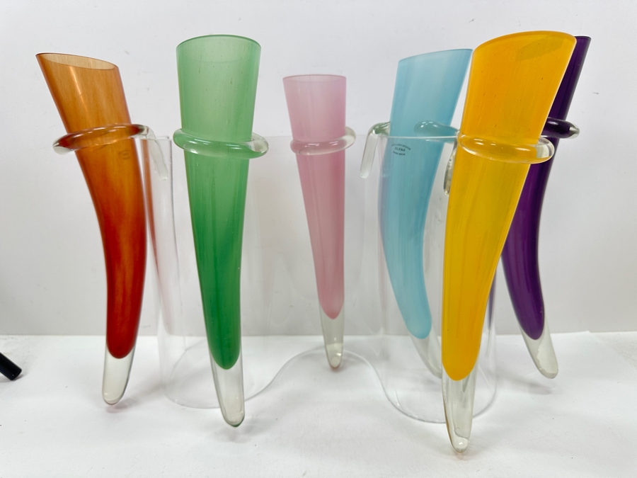 Hand Made Multicolor Elena Art Glass Horn Vases With Acrylic Holder 20W X 13.25H [Photo 8]