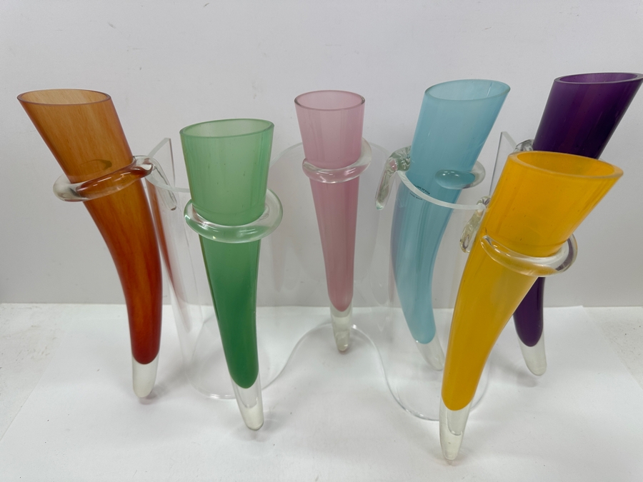Hand Made Multicolor Elena Art Glass Horn Vases With Acrylic Holder 20W X 13.25H [Photo 2]