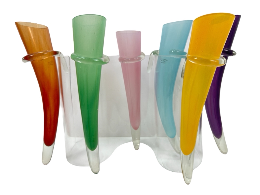 Hand Made Multicolor Elena Art Glass Horn Vases With Acrylic Holder 20W X 13.25H