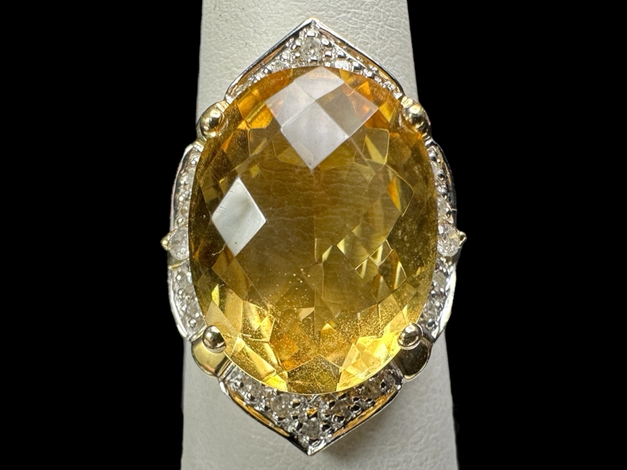 10k Gold Citrine 16x12 Set With (20) 1mm Round Diamonds & (2) 1.8mm Round Diamonds Size 6.5 5.9g Retails $1,600