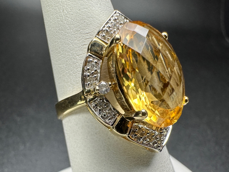 10k Gold Citrine 16x12 Set With (20) 1mm Round Diamonds & (2) 1.8mm Round Diamonds Size 6.5 5.9g Retails $1,600 [Photo 6]