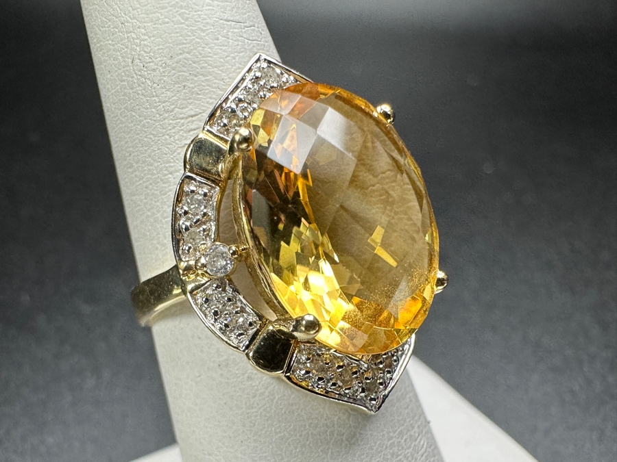 10k Gold Citrine 16x12 Set With (20) 1mm Round Diamonds & (2) 1.8mm Round Diamonds Size 6.5 5.9g Retails $1,600 [Photo 5]
