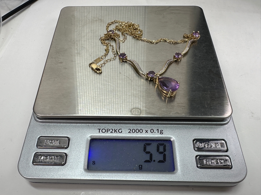 14k Gold Amethyst 19' Necklace With (1) 12x8 Pear Shape Amethyst And (5) 4mm Round Amethysts 5.9g Retails $2,000 [Photo 10]