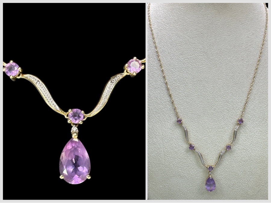 14k Gold Amethyst 19' Necklace With (1) 12x8 Pear Shape Amethyst And (5) 4mm Round Amethysts 5.9g Retails $2,000