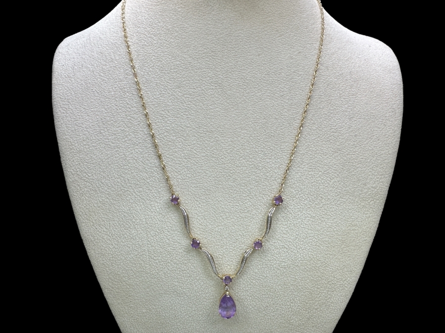 14k Gold Amethyst 19' Necklace With (1) 12x8 Pear Shape Amethyst And (5) 4mm Round Amethysts 5.9g Retails $2,000 [Photo 3]