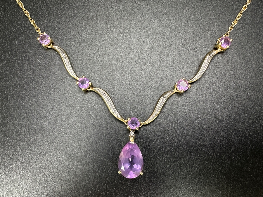 14k Gold Amethyst 19' Necklace With (1) 12x8 Pear Shape Amethyst And (5) 4mm Round Amethysts 5.9g Retails $2,000 [Photo 4]