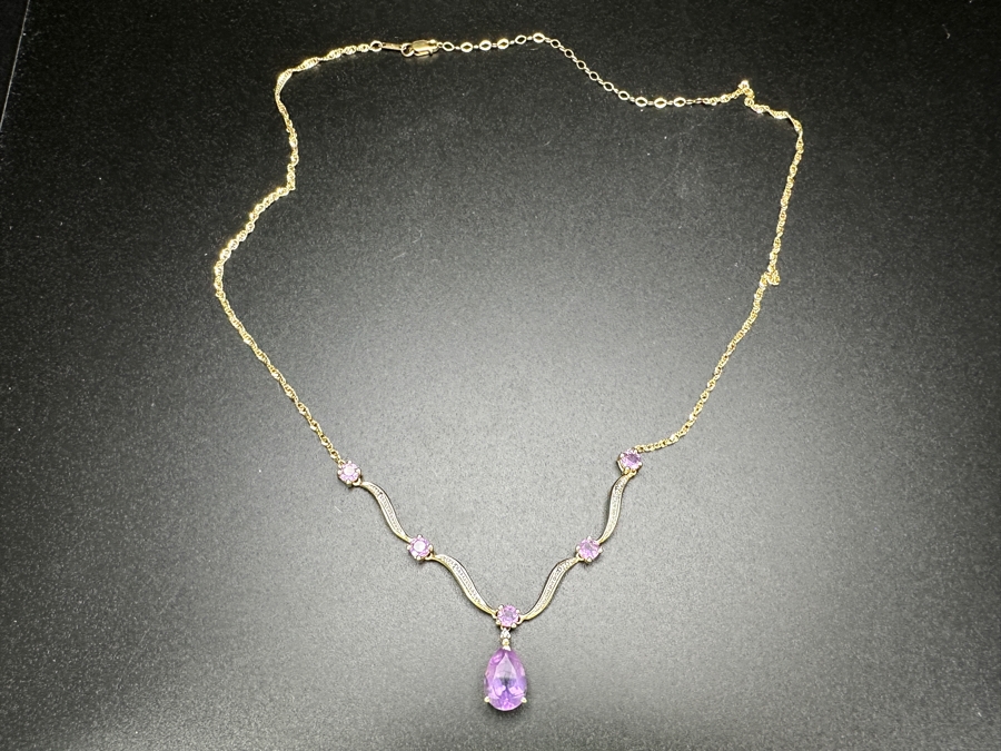 14k Gold Amethyst 19' Necklace With (1) 12x8 Pear Shape Amethyst And (5) 4mm Round Amethysts 5.9g Retails $2,000 [Photo 9]