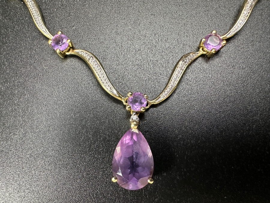 14k Gold Amethyst 19' Necklace With (1) 12x8 Pear Shape Amethyst And (5) 4mm Round Amethysts 5.9g Retails $2,000 [Photo 5]