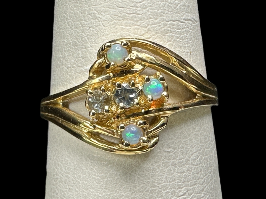 14k Gold Opal & Blue Topaz Ring Set With (3) 1.5mm Opals & (2) 1.5mm Blue Topaz Size 8 2.3g $1,100