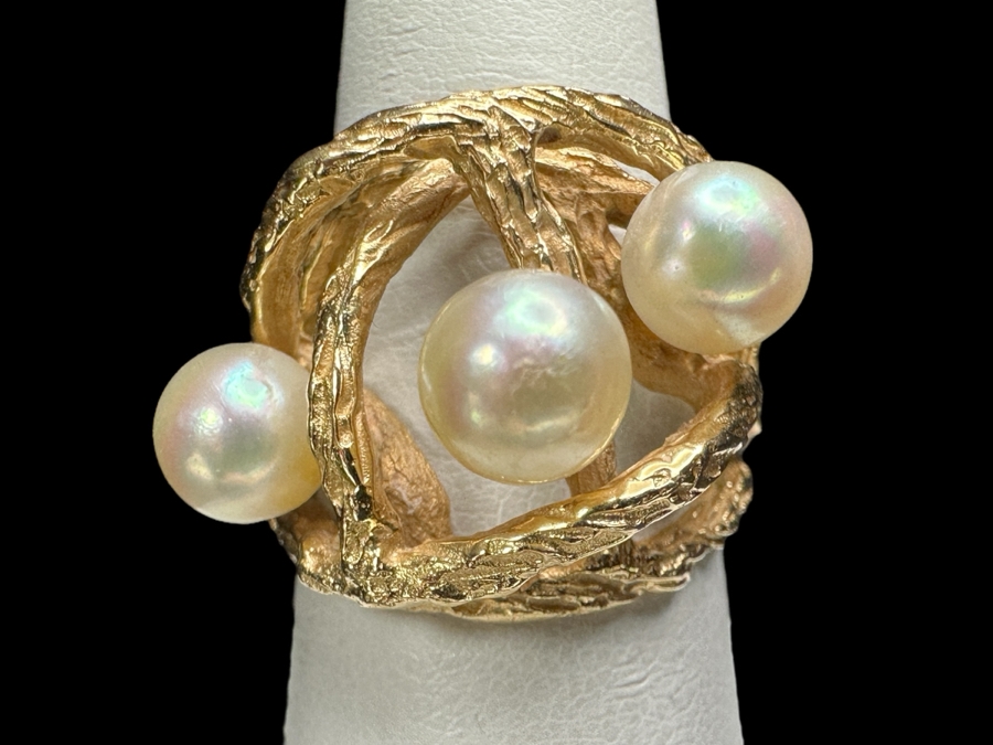 14k Gold Pearl Ring Set With (3) 6.2-6.5mm Cultured Pearls Size 8 8.9g Retails $3,200