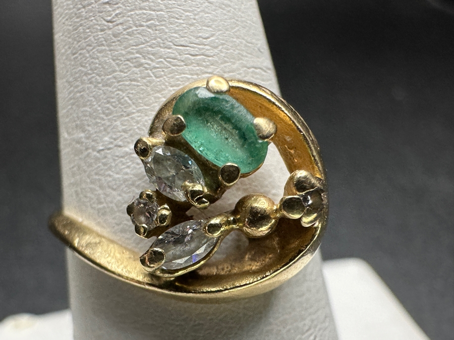 14k Gold Emerald Diamond Ring Set With 5x3 Oval Emerald, (2) 3x2 Marquise Diamonds And (2) 2mm Round Diamonds Size 8 3.5g Retails $1,800 [Photo 3]