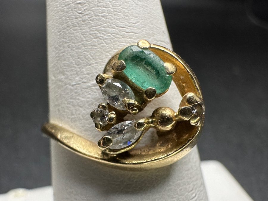 14k Gold Emerald Diamond Ring Set With 5x3 Oval Emerald, (2) 3x2 Marquise Diamonds And (2) 2mm Round Diamonds Size 8 3.5g Retails $1,800 [Photo 4]