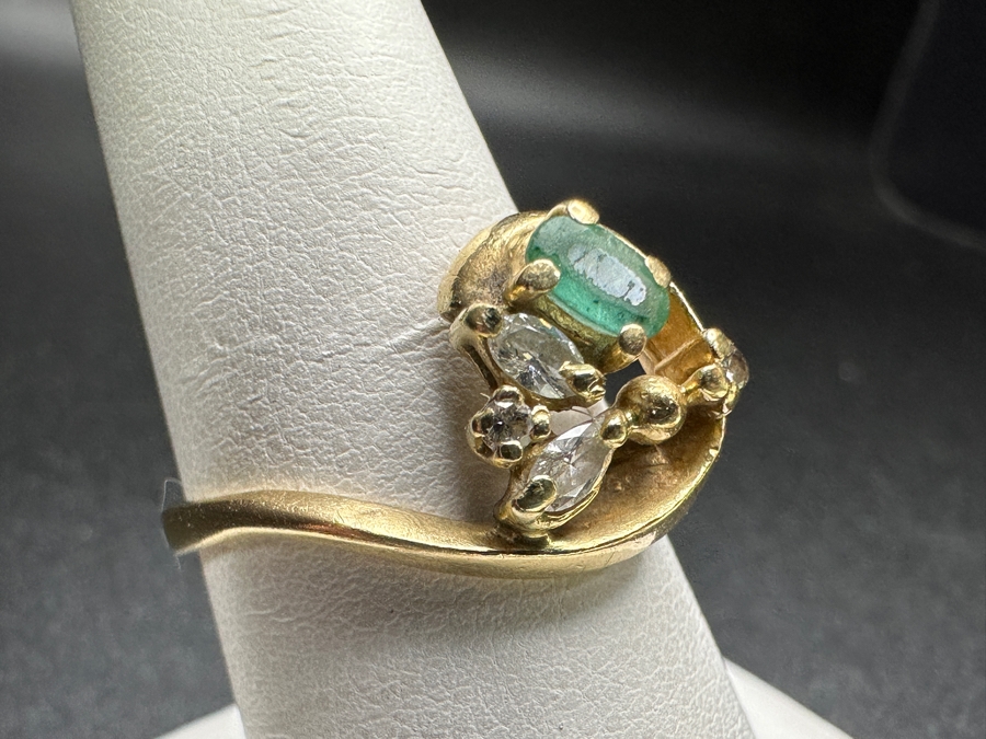 14k Gold Emerald Diamond Ring Set With 5x3 Oval Emerald, (2) 3x2 Marquise Diamonds And (2) 2mm Round Diamonds Size 8 3.5g Retails $1,800 [Photo 5]