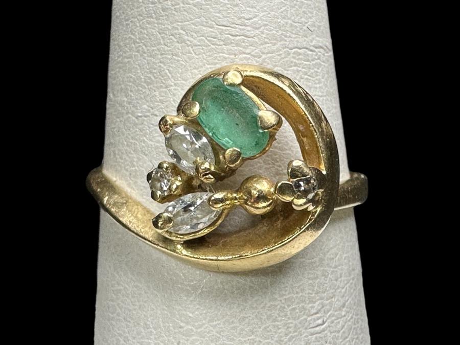 14k Gold Emerald Diamond Ring Set With 5x3 Oval Emerald, (2) 3x2 Marquise Diamonds And (2) 2mm Round Diamonds Size 8 3.5g Retails $1,800