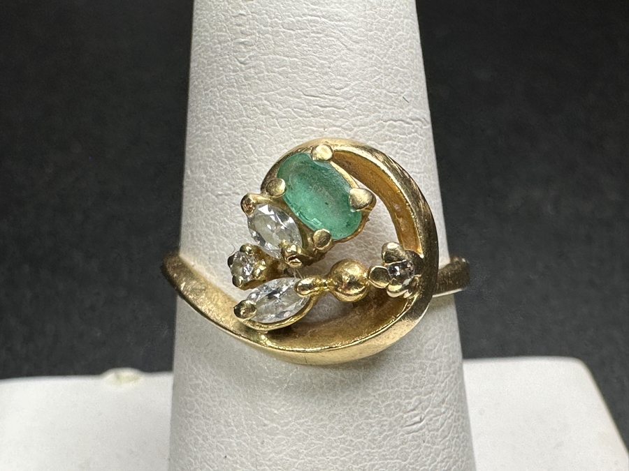 14k Gold Emerald Diamond Ring Set With 5x3 Oval Emerald, (2) 3x2 Marquise Diamonds And (2) 2mm Round Diamonds Size 8 3.5g Retails $1,800 [Photo 2]