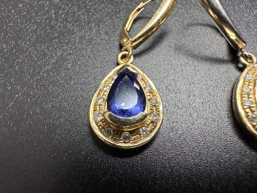 14k Gold Tanzanite Diamond Earrings Set With (2) 9x6 Pear Tanzanites Est. 1.25ct Each And (24) 1mm Round Brilliant Diamonds Est. .12cttw 5.3g Retails $2,600 [Photo 2]
