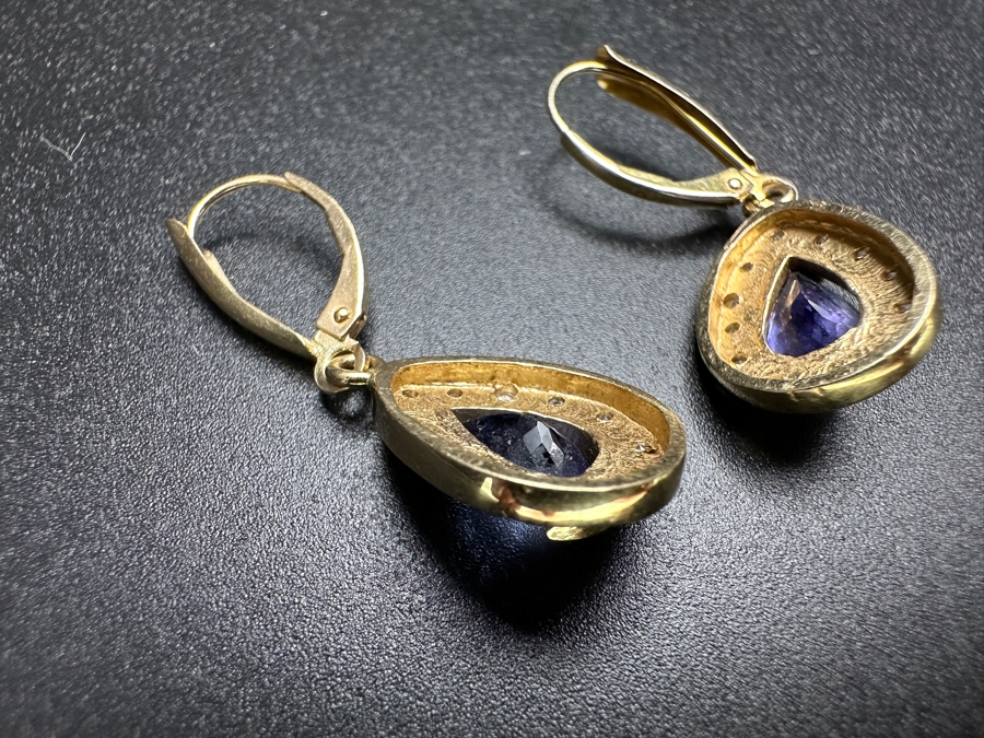 14k Gold Tanzanite Diamond Earrings Set With (2) 9x6 Pear Tanzanites Est. 1.25ct Each And (24) 1mm Round Brilliant Diamonds Est. .12cttw 5.3g Retails $2,600 [Photo 6]