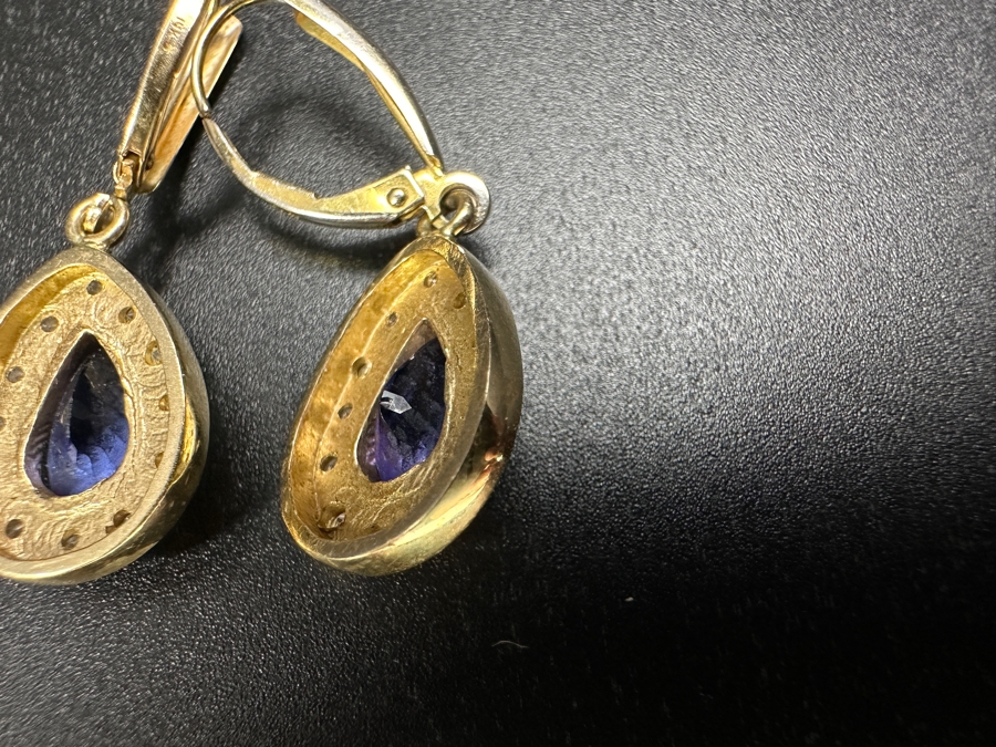 14k Gold Tanzanite Diamond Earrings Set With (2) 9x6 Pear Tanzanites Est. 1.25ct Each And (24) 1mm Round Brilliant Diamonds Est. .12cttw 5.3g Retails $2,600 [Photo 5]