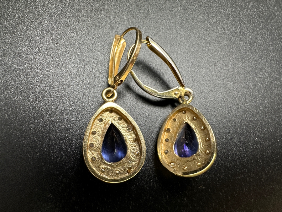 14k Gold Tanzanite Diamond Earrings Set With (2) 9x6 Pear Tanzanites Est. 1.25ct Each And (24) 1mm Round Brilliant Diamonds Est. .12cttw 5.3g Retails $2,600 [Photo 4]