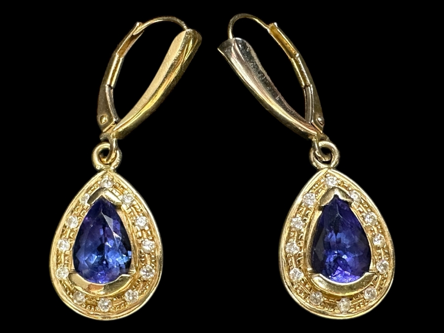 14k Gold Tanzanite Diamond Earrings Set With (2) 9x6 Pear Tanzanites Est. 1.25ct Each And (24) 1mm Round Brilliant Diamonds Est. .12cttw 5.3g Retails $2,600