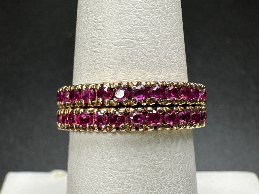 Pair Of 14k Gold Sapphire Band Rings Each Set With (30) 1.8mm Pink Sapphires Est. .90cttw Each Size 7 4.0g Total Weight Retails $3,400 [Photo 2]