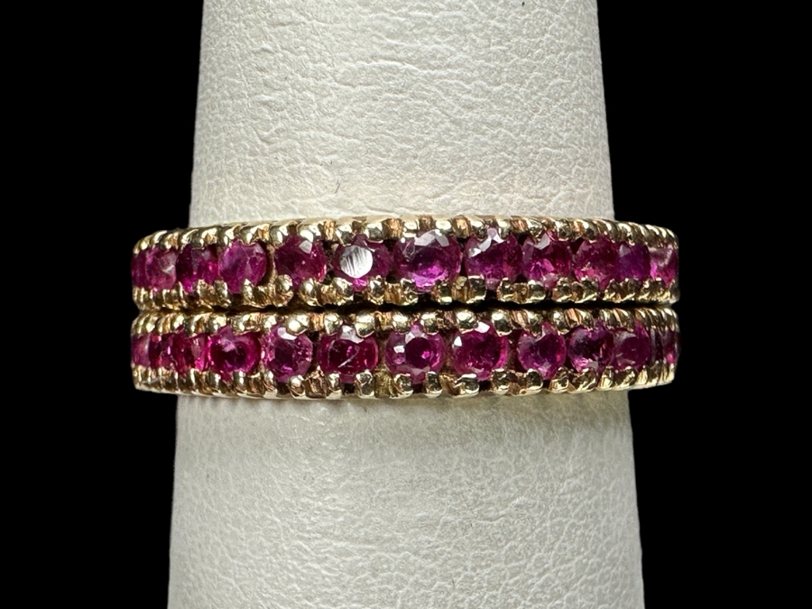 Pair Of 14k Gold Sapphire Band Rings Each Set With (30) 1.8mm Pink Sapphires Est. .90cttw Each Size 7 4.0g Total Weight Retails $3,400