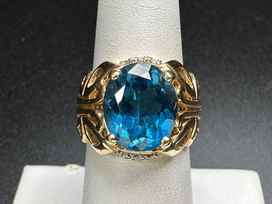 14k Gold Topaz Diamond Ring Set With A 12x10 London Blue Topaz & (6) 1.5mm Round Brilliant Diamonds Size 6.5 9.0g Retails $3,200 [Photo 4]