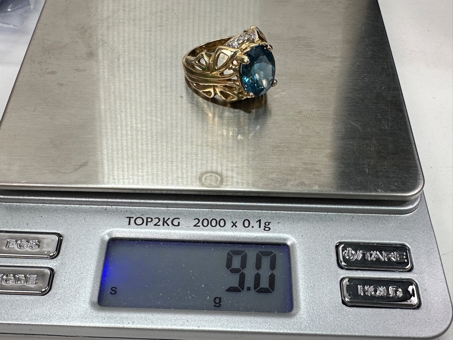14k Gold Topaz Diamond Ring Set With A 12x10 London Blue Topaz & (6) 1.5mm Round Brilliant Diamonds Size 6.5 9.0g Retails $3,200 [Photo 14]